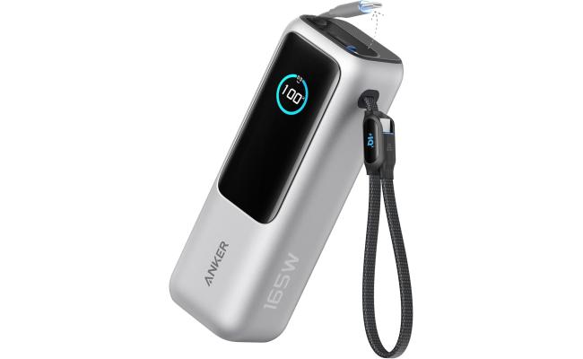 Anker Zolo Power Bank 165W, 25,000mAh Portable Charger with Triple 100W USB-C Ports for Multi-Device Charging, Built-in and Retractable Cables, for iPhone 16/15 Series, MacBook, Samsung, and Laptop's - Silver
